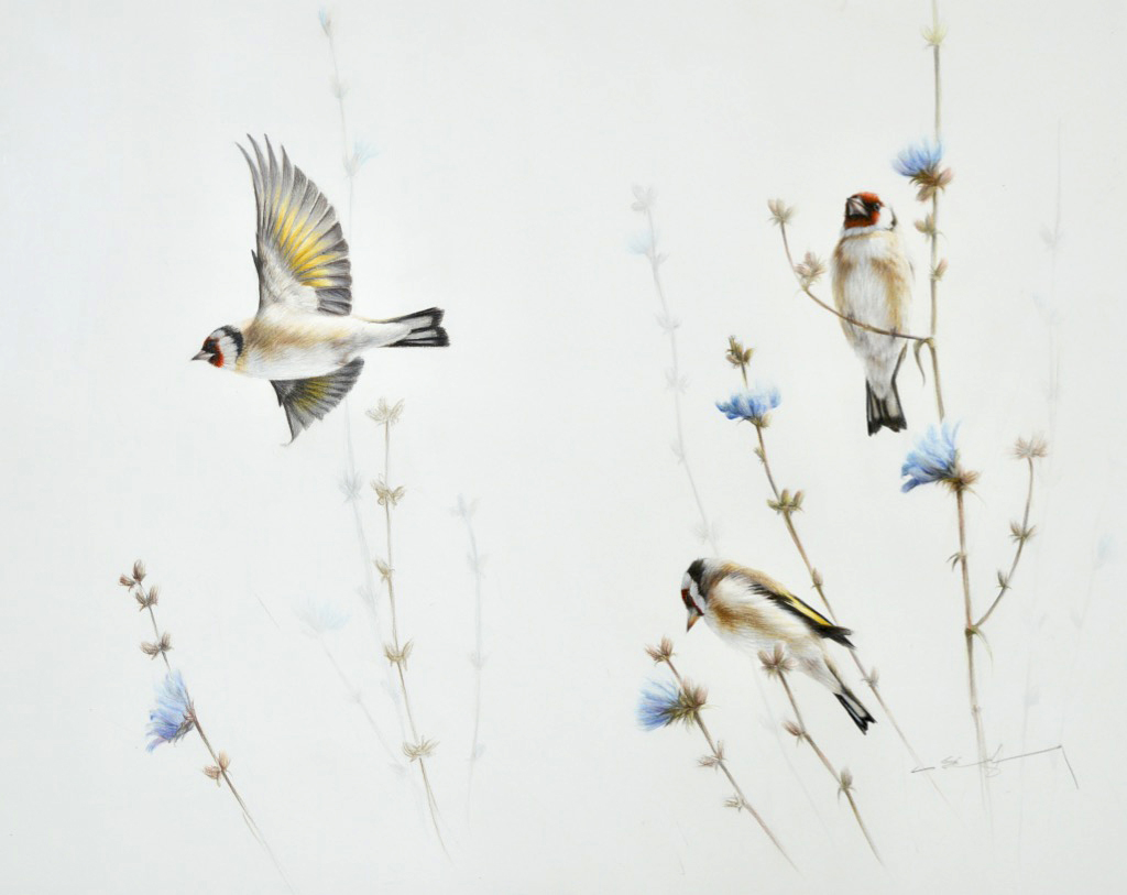 goldfinches painting - Carnes Fine Art